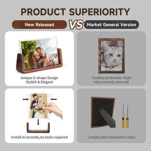 Vista 5 de Portarretratos de 4 x 6 pulgadas, marcos de fotos de madera rústica sólida con base de madera de nogal y cubiertas de vidrio acrílico de alta