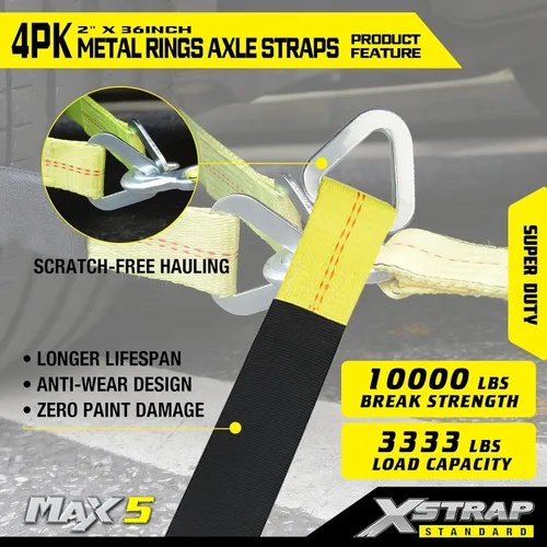 Vista 5 de XSTRAP STANDARD Paquete de 4 correas de eje de 36 x 2 pulgadas con funda protectora y anillo en D para asegurar el transporte del automóvil, correas