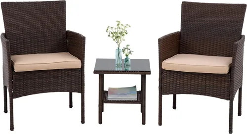Vista 10 de PayLessHere Juego de 3 sillas de mimbre para patio, muebles de mimbre para exteriores, juego de bistró para patio trasero, porche, piscina, césped