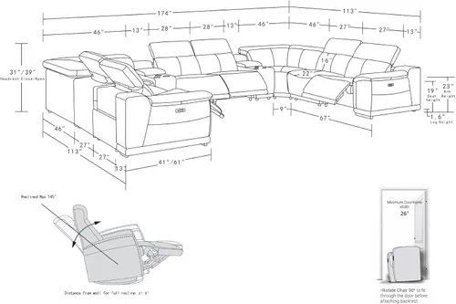 Vista 23 de BlackJack Furniture Venice - Sofá modular de cuero italiano de grano superior de 5 piezas con 3 reclinables eléctricos, reposacabezas ajustable