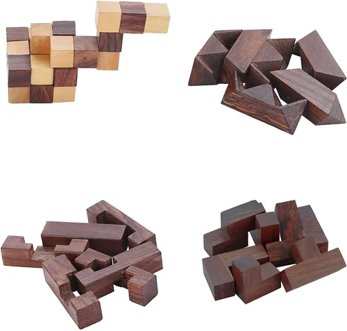 Vista 5 de Juego de 4 rompecabezas de madera 3D para adultos y niños, cubo de serpiente Soma y rompecabezas cerebral entrelazado en marrón