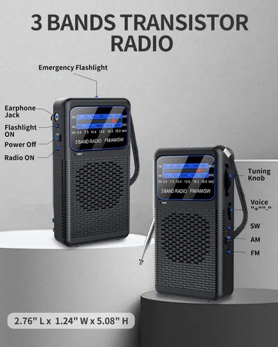 Vista 4 de Radio de bolsillo con clip trasero FM AM SW, funciona con pilas, radio transistor de onda corta portátil con linterna LED de emergencia y conector