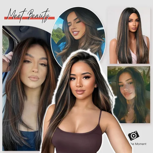 Vista 5 de Allbell Pelucas marrones largas negras para mujeres negras, pelucas de cabello lacio castaño oscuro con reflejos rubios, peluca larga de parte