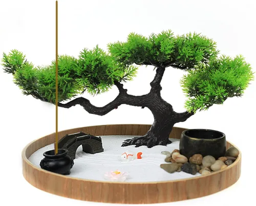 Timani Jardín zen japonés para escritorio, kit de arena de jardín zen, árbol bonsái artificial, rastrillos y accesorios, decoración japonesa,