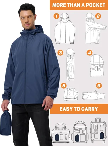 Vista 5 de Chaqueta impermeable para hombre, rompevientos, impermeable, para ciclismo, correr, senderismo, con capucha, ligera, plegable