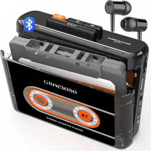 Reproductor de cinta de casete Bluetooth con batería recargable de 1100 mAh, reproductor de cassette compacto vintage con auriculares, clip trasero