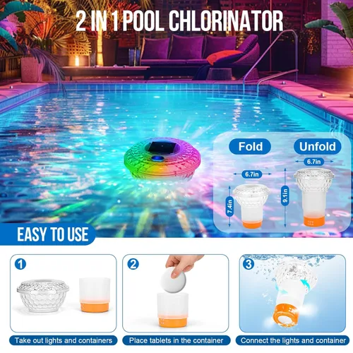 Vista 8 de Flotador solar de cloro para piscina con luces y kit de prueba de pH de agua de piscina, flotador de luces de piscina con probador de pH para bañera