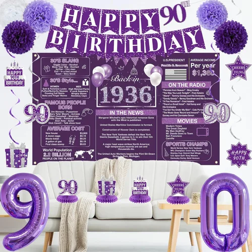 Vista 7 de Crenics Decoraciones moradas de cumpleaños 90 para mujer, telón de fondo, pancarta, remolinos, centros de mesa, banda, pompones de papel, decoración