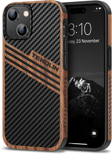 Vista 22 de TENDLIN Compatible con Funda para iPhone 15, Funda de Madera con Textura de Fibra de Carbono, Diseño Híbrido de Cuero Delgado (Negro)