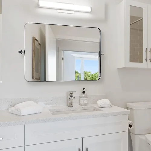 Vista 28 de Espejo giratorio Moon Mirror de oro cepillado, espejo inclinable de latón para tocador rectangular para baño, medidas totales 24.33 x 28 pulgadas