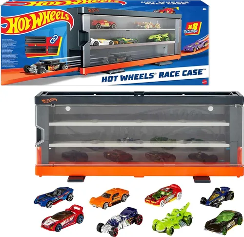 Hot Wheels Coches de juguete, juego de 8 vehículos a escala 1:64 y pantalla interactiva y estuche de almacenamiento que tiene capacidad para hasta
