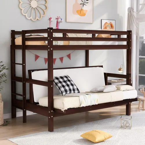 Vista 18 de Elegante litera individual sobre matrimonial con escaleras y barandillas de seguridad, la cama de plumón se puede convertir en sofá cama