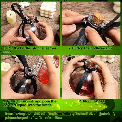 Vista 6 de Patelai 2 botellas de poción de vidrio de Halloween con cinturón, corcho, accesorios de disfraz de bruja renacentista, botella de poción