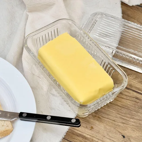 Vista 8 de Mantequillera de cristal transparente con tapa para encimera, plato de mantequilla de cristal de 6.5 pulgadas con tapa, bandeja de mantequilla