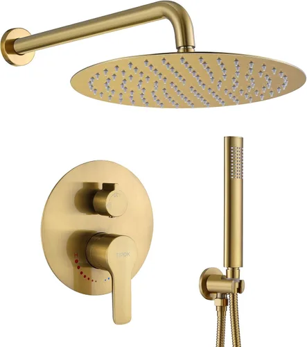 Vista 13 de TIPOK Sistema de ducha dorado cepillado con cabezal de ducha redondo de 8 pulgadas y de mano, juegos completos de grifos de ducha tipo lluvia Oro