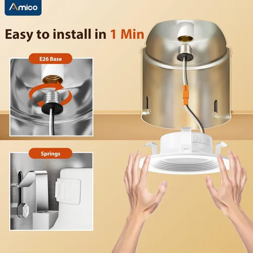 Vista 5 de Amico Paquete de 12 luces LED empotrables 3CCT de 4 pulgadas, regulable, clasificación húmeda, 9 W = 60 W, 650 lm luces de lata con borde deflector