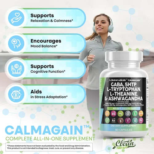 Vista 5 de Clean Nutraceuticals GABA 750mg 5 HTP 200mg L Triptófano 500mg L Teanina 200mg Ashwagandha SAM-e L-Glicina - Vitaminas de apoyo al estado de ánimo