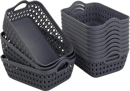 Vista 9 de Readsky Cestas de almacenamiento pequeñas de plástico con asas, cestas de almacenamiento de tejido de escritorio, gris oscuro, 12 paquetes