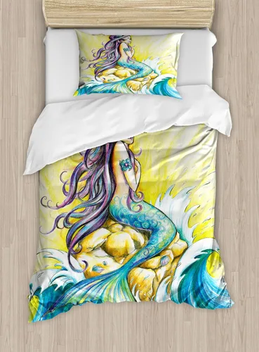 Vista 180 de Ambesonne Hawaii - Juego de funda de edredón de verano, palmeras y hojas exóticas de helecho, fondo colorido abstracto, juego de ropa de cama