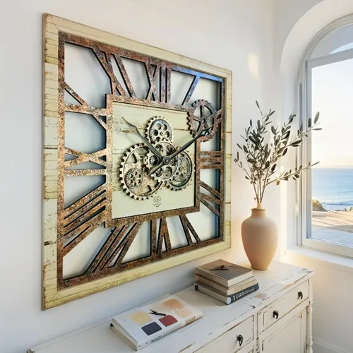 Vista 2 de ImprovingLife The Gears Clock Reloj de Pared Cuadrado de 24 Pulgadas con Engranajes Reales en Movimiento, Estilo Vintage Industrial de Gran