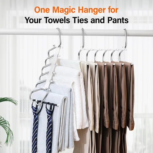 Vista 6 de Perchas plegables mejoradas para pantalones que ahorran espacio, perchero de ropa de 6 capas, organizador de armario multifuncional de acero
