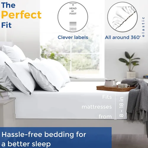 Vista 4 de THREAD SPREAD Hotel Collection - Juego de sábanas de 600 hilos de algodón egipcio, satinado, 4 piezas, Algodón, Blanco, gemelo