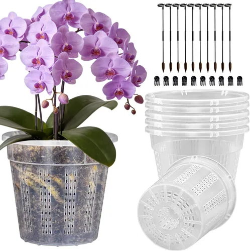 Macetas de orquídea, paquete de 6 macetas de orquídeas de 6.1 pulgadas con agujeros y 10 estacas para plantas, maceta de plástico transparente para