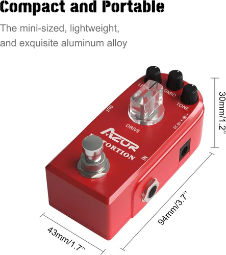 Vista 2 de AZOR Pedal de distorsión de alta ganancia para guitarra eléctrica - Circuitería analógica, carcasa de aluminio, True Bypass, compacto