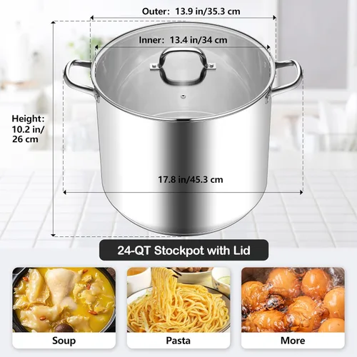 Vista 2 de Homikit - Olla de acero inoxidable, olla grande de 24 cuartos de galón con tapa, utensilios de cocina con parte inferior de tres capas para gas