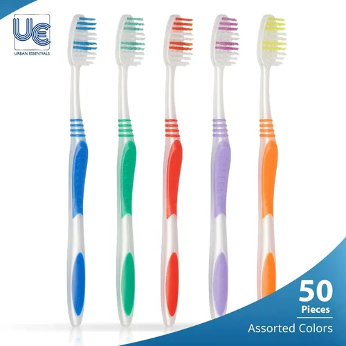 Vista 2 de Urban Essentials Cepillo de dientes a granel (50) pasta de dientes a granel (50) paquete con fundas, cepillos de dientes coloridos envueltos