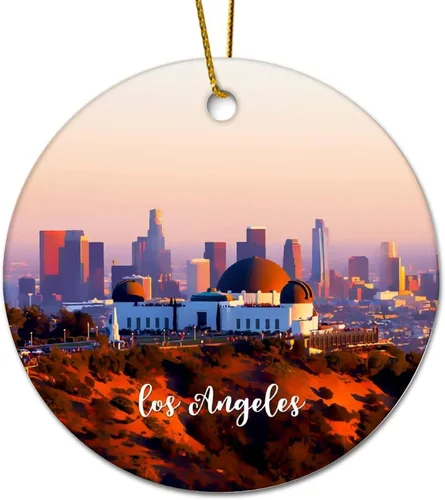 Vista 12 de Decorative Hanging Christmas Ornaments Los Angeles City Scene Building Cityscape Landscape Flat Circle Ceramic Christmas Ornament for Xmas Tree