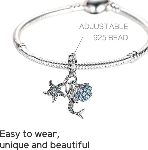 Vista 3 de NUJIFFY Abalorios de plata de ley 925 para pulseras y collares, pulseras solares con dije de estrella de mar y estrella, conchas de estrella de mar