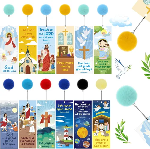 Outus 12 marcapáginas cristianos de Pascua, regalos de escrituras religiosas a granel con pompón, versículo bíblico, citas de regalo para libros,