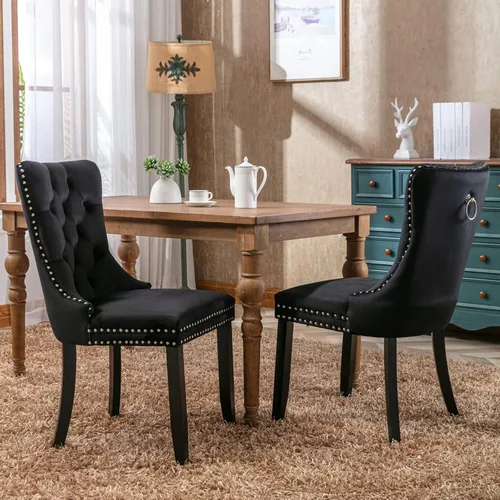 Vista 9 de Pvillez Extendable Dining Table Set of 8, Black Oval Dining Room Table & 8 Black Velvet Dining Chairs with Wood Leg, 62.99"-78.74" Kitchen Table and