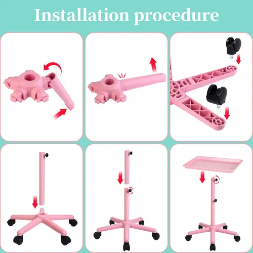 Vista 6 de Bandeja de salón con ruedas, bandeja de servicio de color de cabello ajustable en altura para spa, tatuaje o uso doméstico, rosa M-Rosado