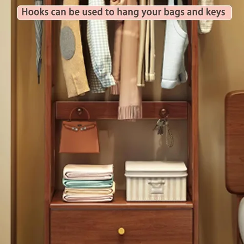 Vista 7 de Solid Wood Clothes Rack, Freestanding Clothing Rack, 5-in-1 Design Garment Rack, Large Capacity Coat Rack with Hooks and Storage Cabinet, Hall Tree
