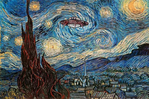 Arte de pared laminado OVNI de avistamiento en una noche estrellada Vincent Van Gogh Humor Art Van Gogh Arte de pared Ciudad Naturaleza Decoración