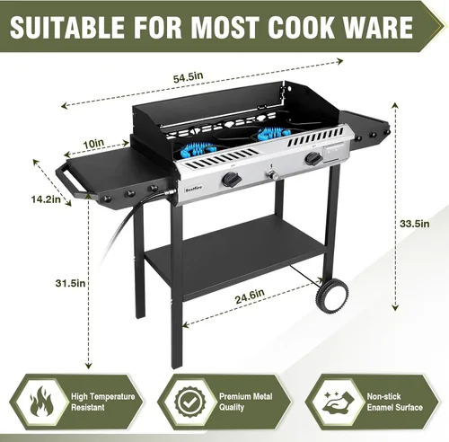 Vista 5 de Bestfire Estufa de propano de 2 quemadores, estufas de gas para acampar al aire libre, 150,000 BTU, encendido automático con regulador y estantes