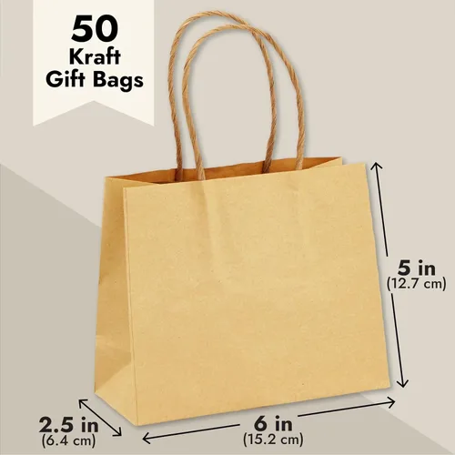Vista 4 de Paquete de 50 pequeñas bolsas de regalo de papel kraft con asas, bolsa de compras marrón a granel para regalos de cumpleaños y bodas, 6 x 5 x 2.5