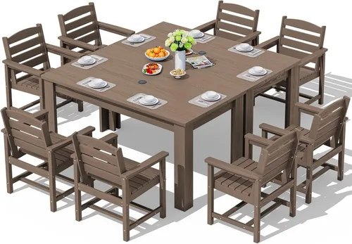Vista 22 de SERWALL Juego de comedor HDPE para 4, juegos de comedor al aire libre para 4 personas con 1 orificio para sombrilla, mesa rectangular y 4 sillas