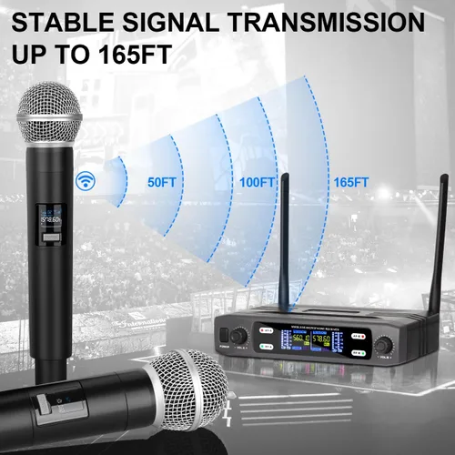 Vista 3 de Depusheng Sistema de micrófono inalámbrico, VHF fijo de doble frecuencia inalámbrico con 2 transmisores dinámicos de mano, juego de micrófono