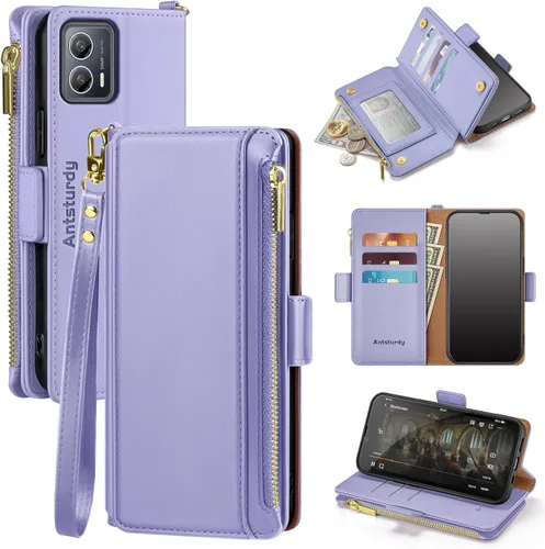 Vista 8 de Antsturdy Funda para Moto G 5G 2023 de piel sintética azul con tarjetero, bloqueo RFID, a prueba de golpes, bolsillo con cremallera, soporte, cierre