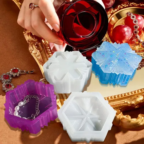 Vista 5 de Molde de resina para caja de copo de nieve, molde de silicona para tarro de joyería de Navidad con tapa, molde de fundición epoxi