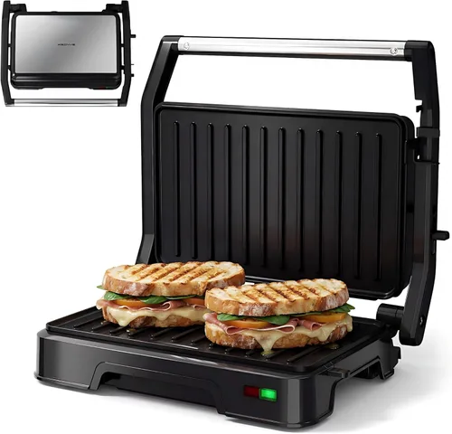 KEINVE Panini - Parrilla de prensa y sandwichera – 2 rebanadas, bisagra ajustable de 180°, parrilla eléctrica de 850 W, placas de aluminio fundido