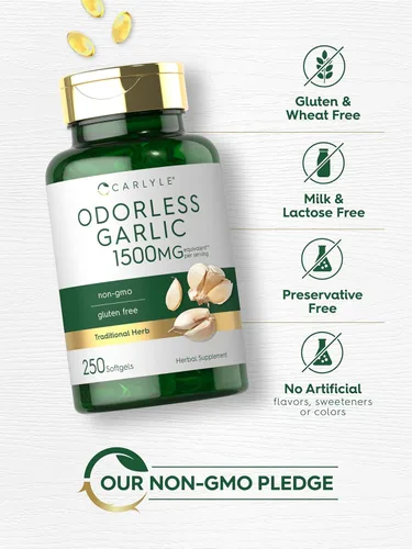 Vista 4 de Carlyle Suplemento de ajo inodoro 250 cápsulas blandas Pastillas de extracto de hierbas Sin OMG, sin gluten