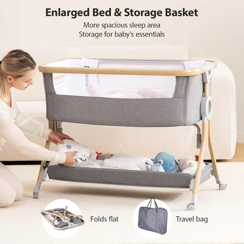 Vista 7 de Larex Cuna para bebé con mosquitera, bolsa de almacenamiento y canasta, 5 alturas ajustables, ruedas móviles, colchón transpirable y malla