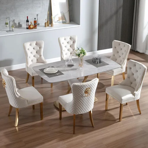 Vista 25 de KCC Juego de 2 sillas de comedor tapizadas de terciopelo, modernas sillas capitoné con botones con anillo de cabeza de león y patas de acero