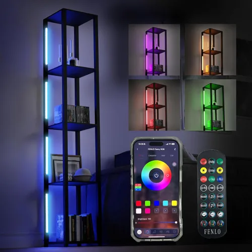 Vista 9 de Lámpara de pie FENLO con estantes – Lámpara alta de pie con niveles de vidrio templado – Lámpara de pie minimalista moderna para dormitorio, sala