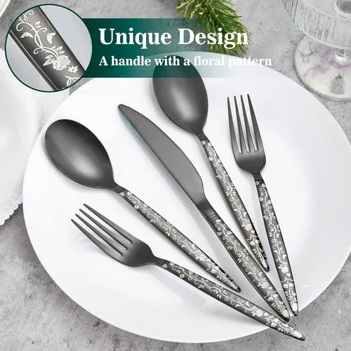 Vista 3 de Juego de cubiertos negros de 12 piezas, cuchillo elegante con patrón de flores, cucharas y tenedores, cubiertos de acero inoxidable, juego