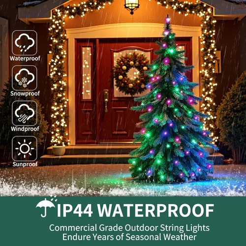 Vista 6 de Luces de cadena navideñas mini de 100 unidades en morado y verde, con certificación UL, equipadas con 8 modos de iluminación, perfectas para patios